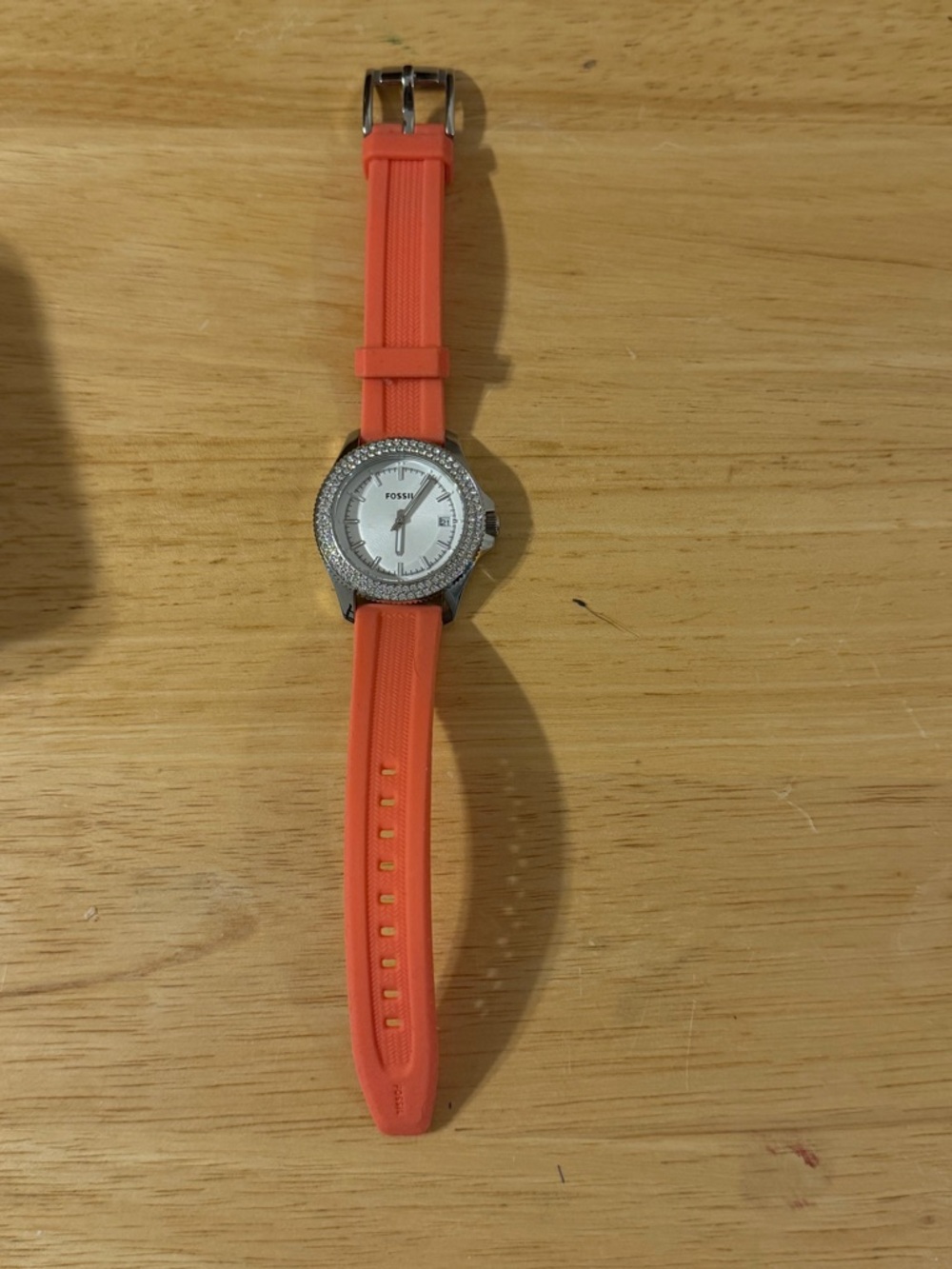 Fossil Women's Watch with Coral Silicone Strap and Silver Crystal Bezel